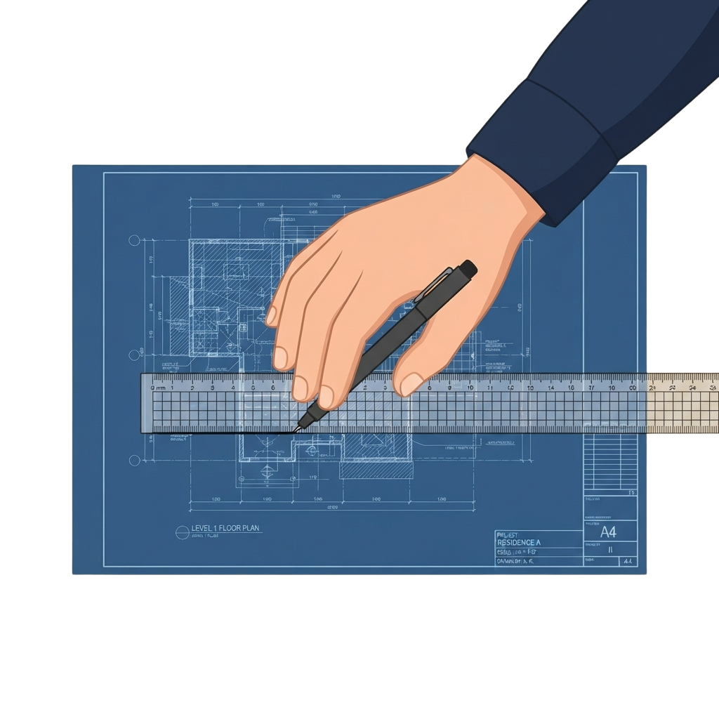 Hand holding a pen marking on a detailed architectural floor plan blueprint with a ruler beside it