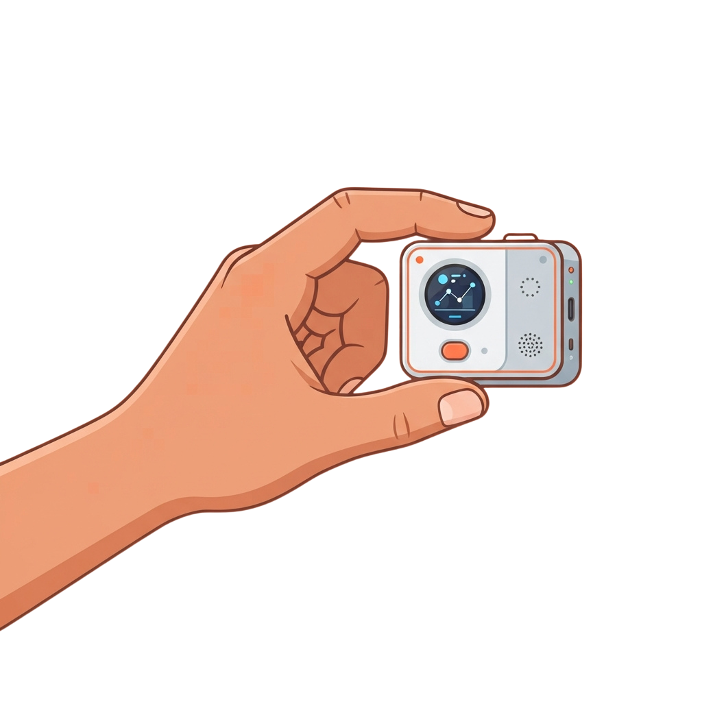 A hand holding a small, retro-designed camera with a screen and buttons.