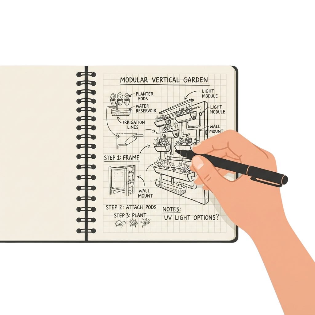 Sketchbook page showing a modular vertical garden design with labeled parts and assembly steps
