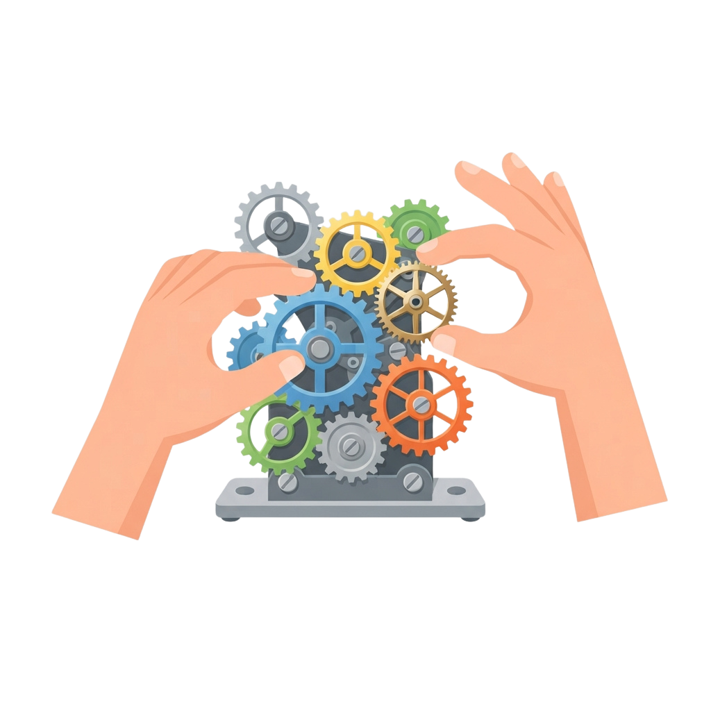 Two hands adjusting a set of colorful interlocking gears on a metal base