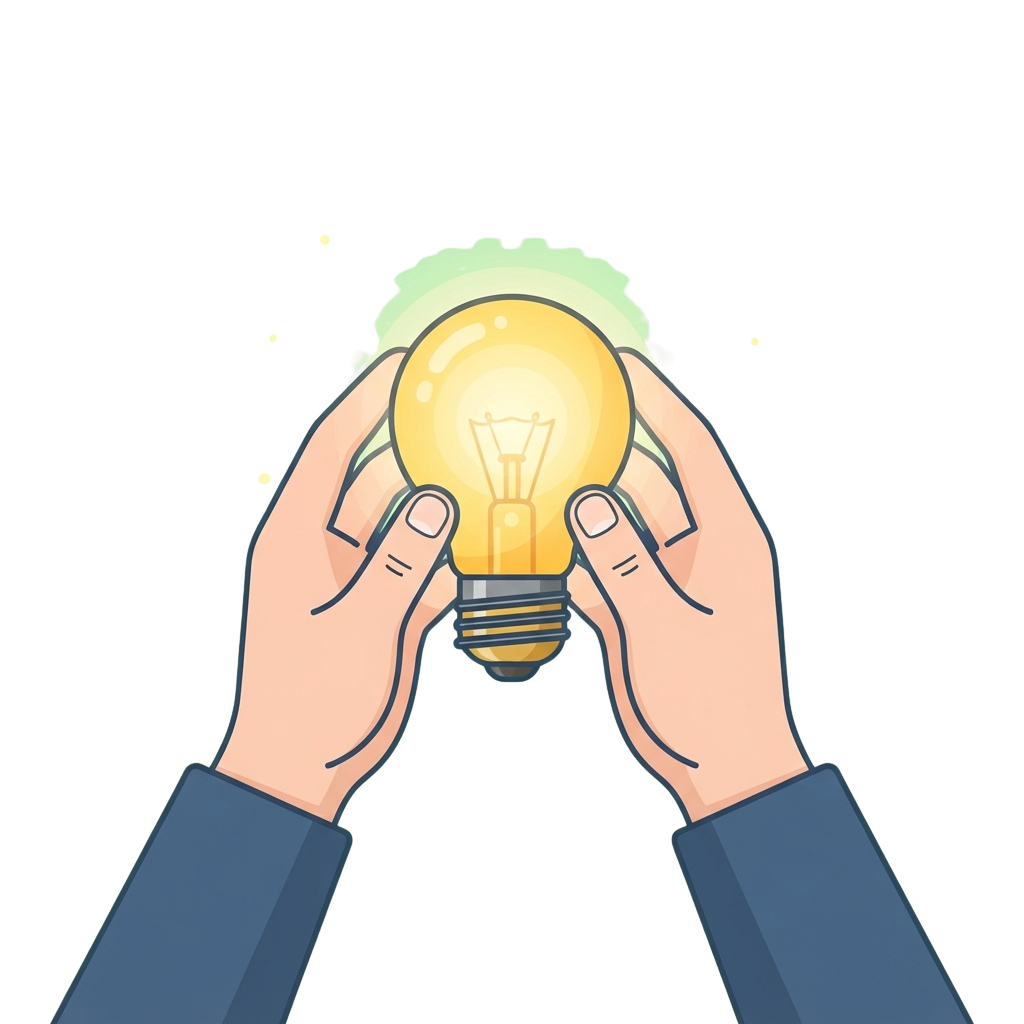 Two hands holding a glowing light bulb with a bright yellow light inside, symbolizing ideas or innovation.