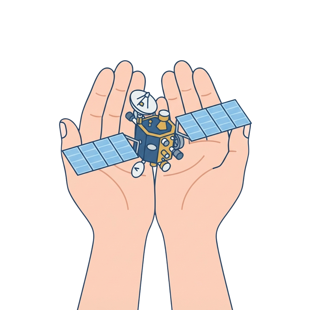 Two hands holding a small model of a satellite with solar panels and an antenna.