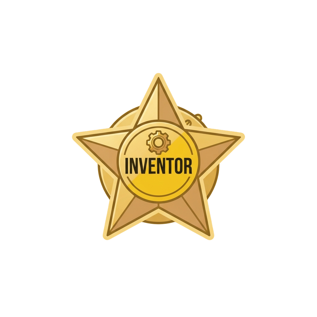 A gold star-shaped badge with the word INVENTOR and a gear icon in the center