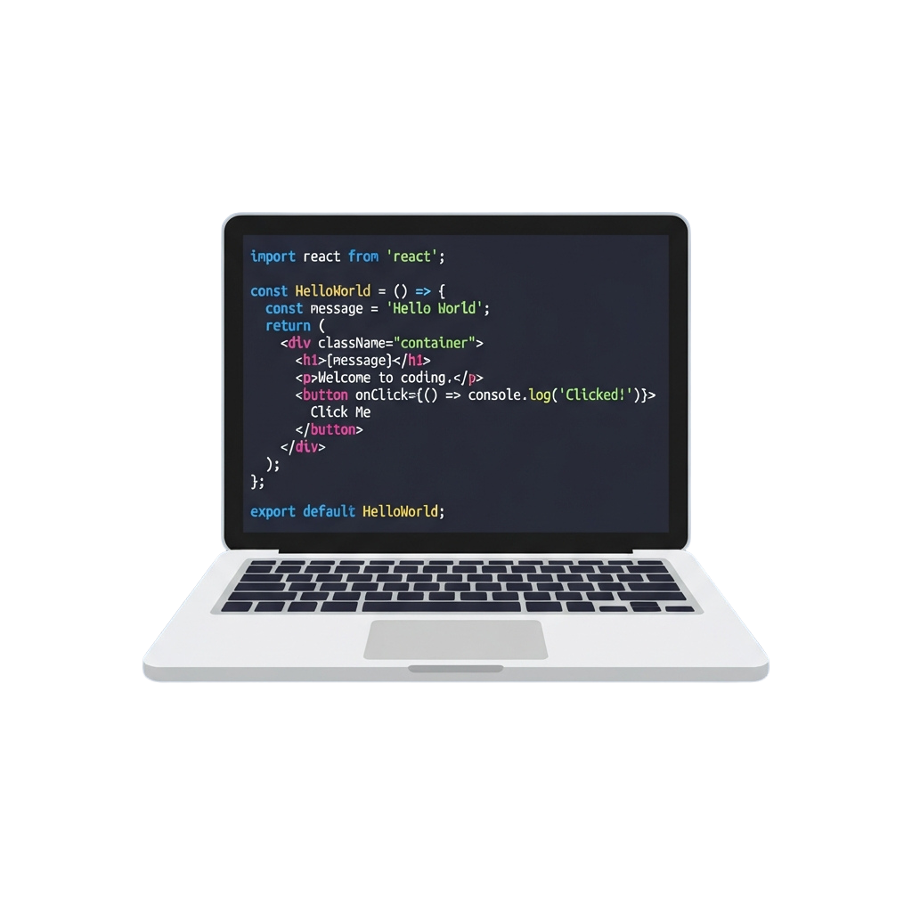 Laptop screen showing React code snippet for a Hello World component with a button
