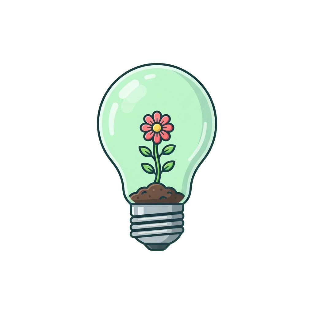 Illustration of a lightbulb containing a small potted plant with a pink flower growing inside