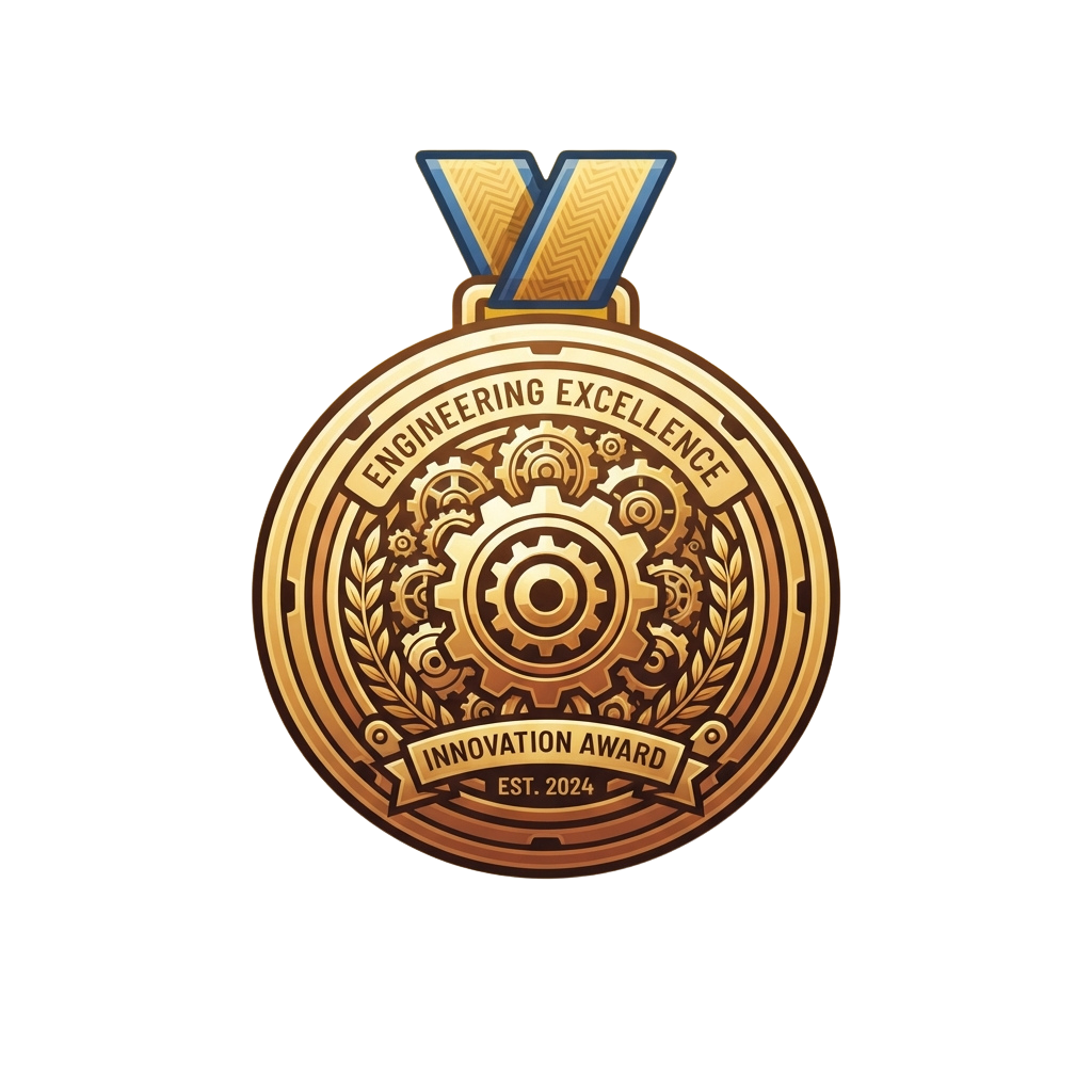 Gold-colored medal with gears and laurel wreath celebrating engineering innovation award