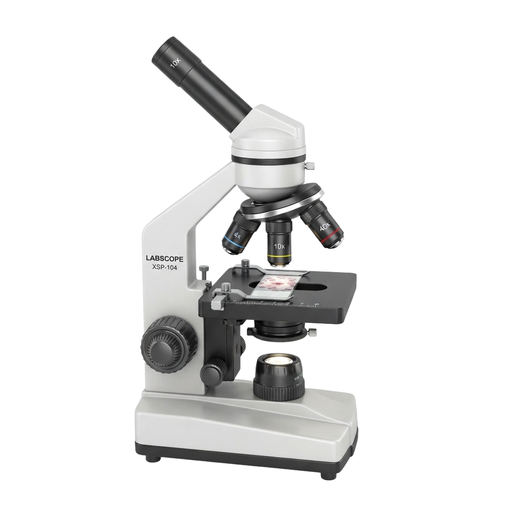 A white lab microscope with dual eyepieces, magnification knobs, and a specimen stage under bright lighting