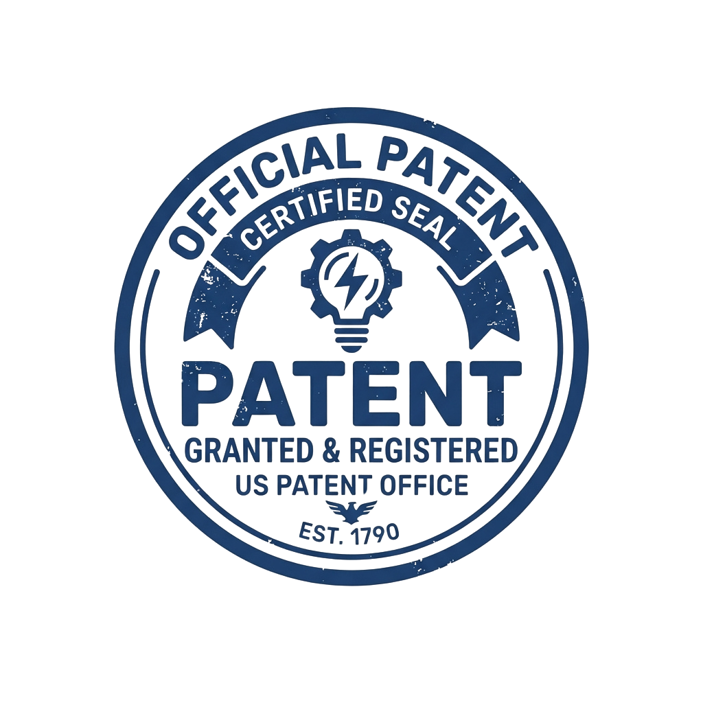 Blue official patent seal with lightbulb icon and text reading Certified Seal, Patent Granted Registered, US Patent Office Est 1790