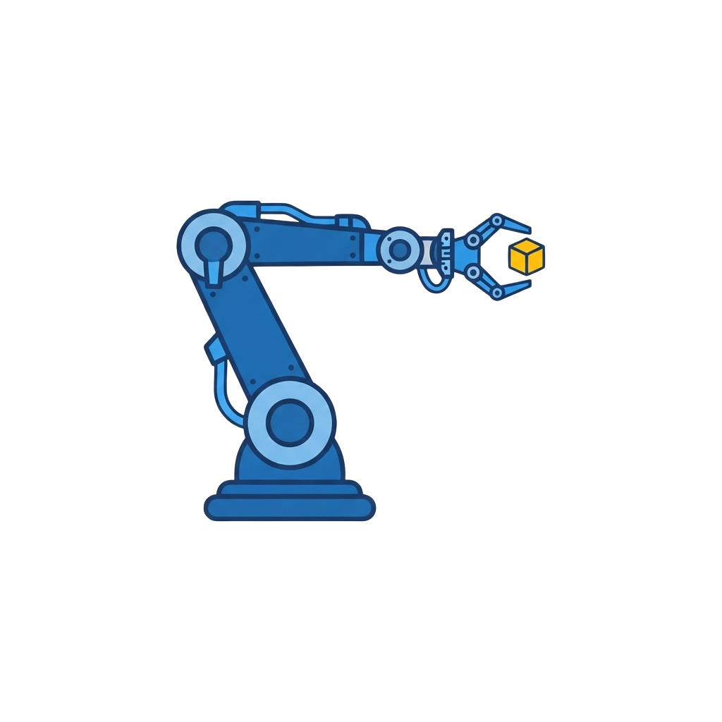 A blue robotic arm gripping a yellow cube with an open claw gripper