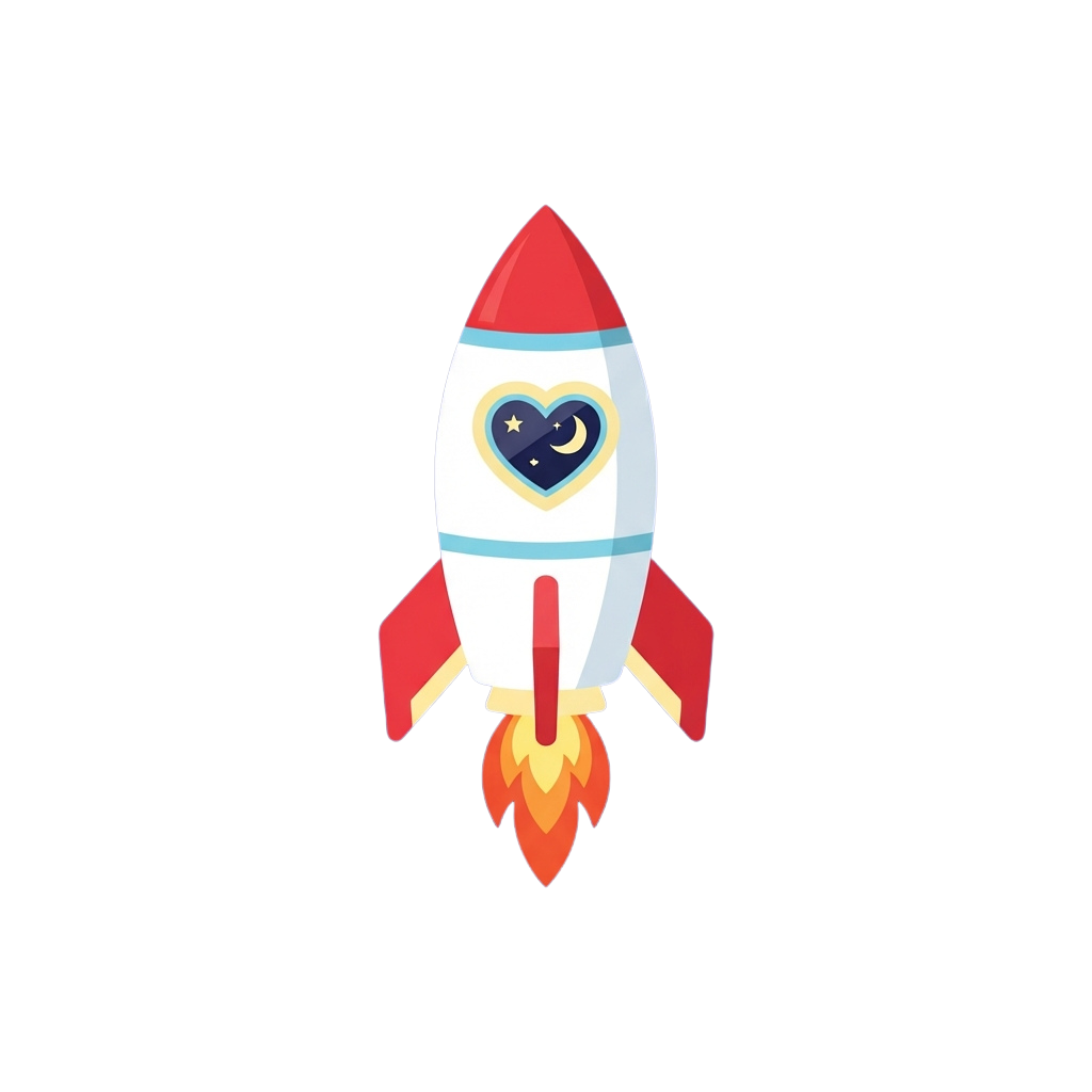 Illustration of a stylized rocket with a heart containing a crescent moon and stars, red flames at the base