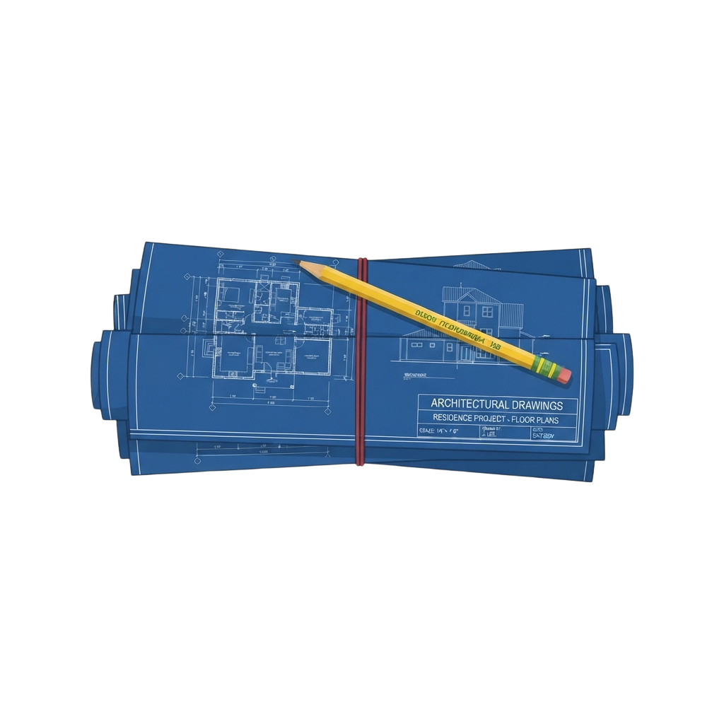 Blue architectural drawings of a residence floor plan secured with a yellow pencil on top