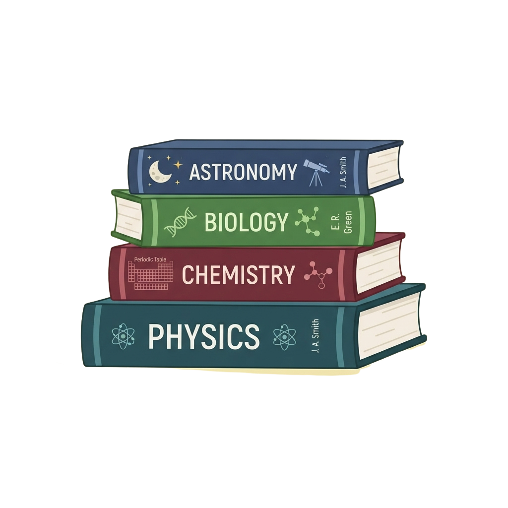 Four colorful illustrated books stacked vertically labeled Astronomy, Biology, Chemistry, and Physics