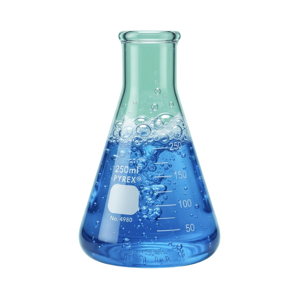 A clear glass Erlenmeyer flask filled with blue liquid, showing volume markings up to 250 milliliters