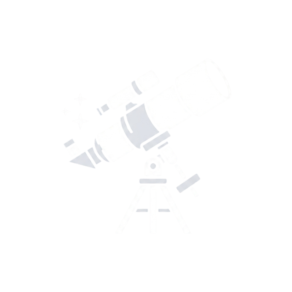 White telescope on a tripod with stars in the background on a black square