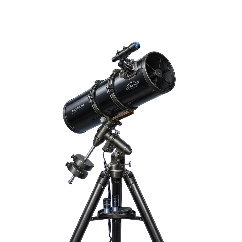 A black astronomy telescope mounted on a sturdy tripod against a dark background