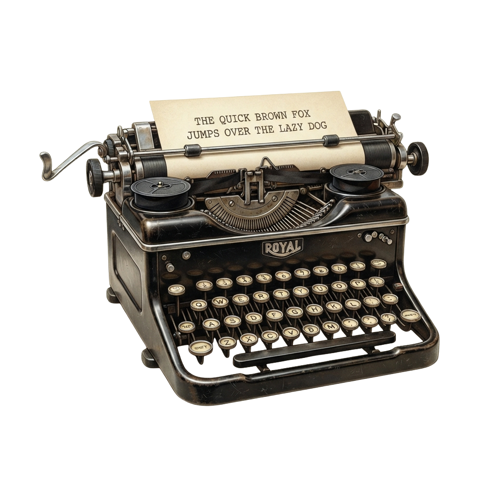 A classic Royal typewriter with paper displaying the sentence The Quick Brown Fox Jumps Over the Lazy Dog