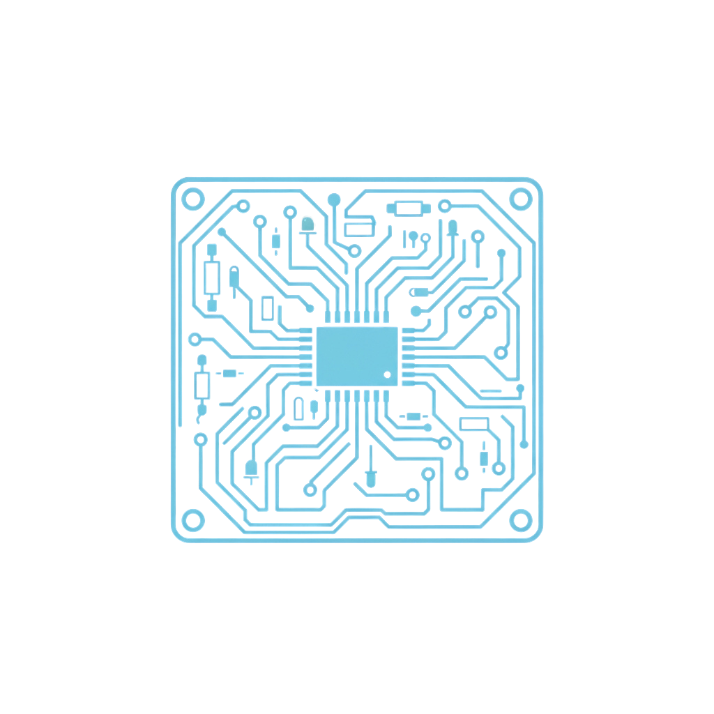 A detailed blueprint of a printed circuit board with various electronic components and traces
