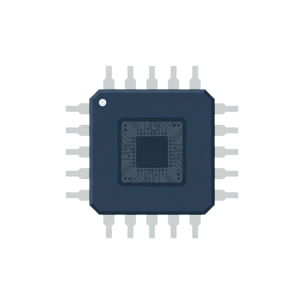 Illustration of a square integrated circuit chip with multiple pins around the edges and a detailed internal circuit pattern