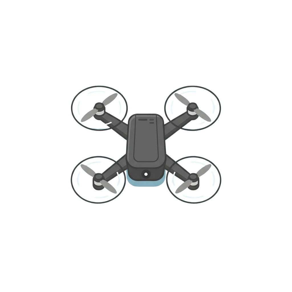 A quadcopter drone with four propellers viewed from the front against a dark background