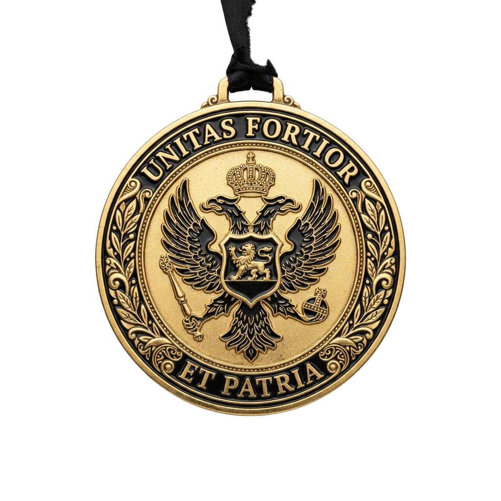 A round gold-colored medal featuring a double-headed eagle, crown, and Latin phrases Unitas Fortior and Et Patria.