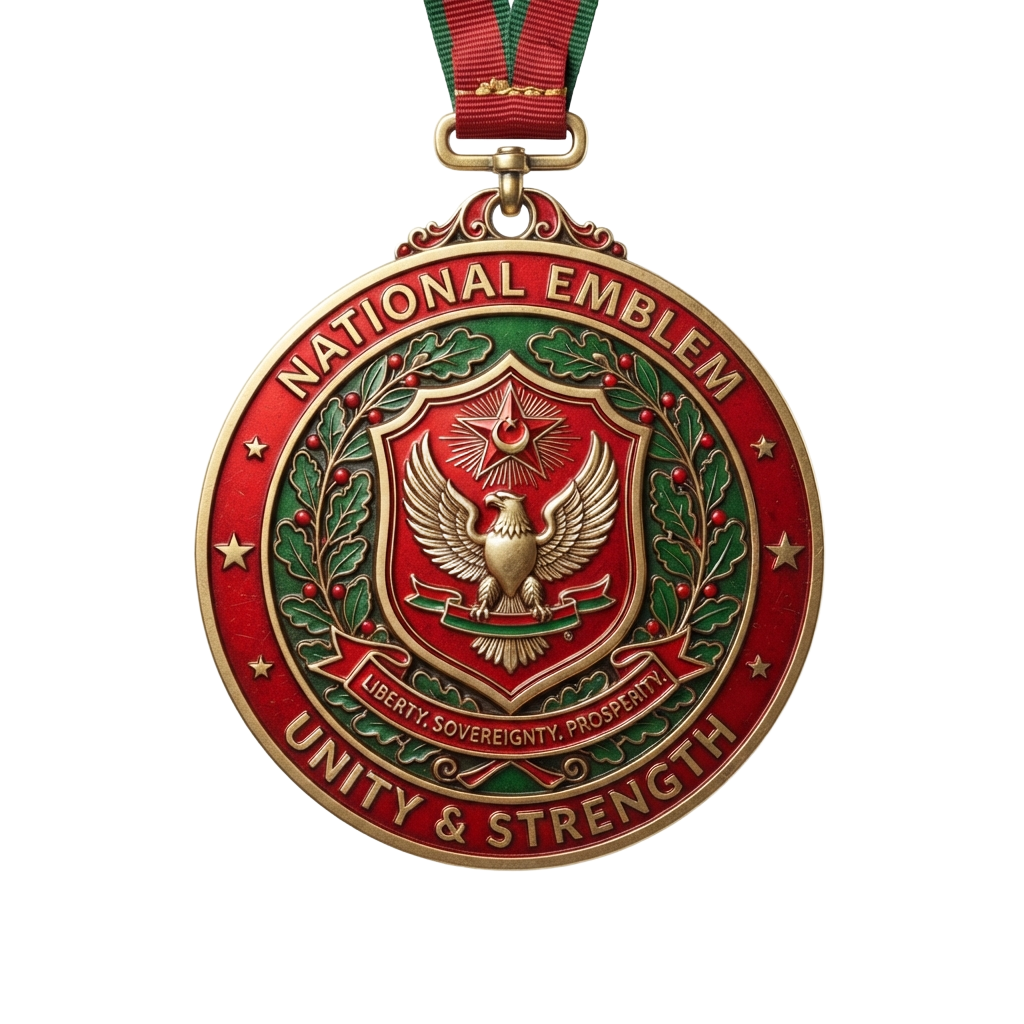 A decorative medal with a national emblem featuring an eagle, laurel wreath, and the words Liberty, Sovereignty, Prosperity, Unity, and Strength