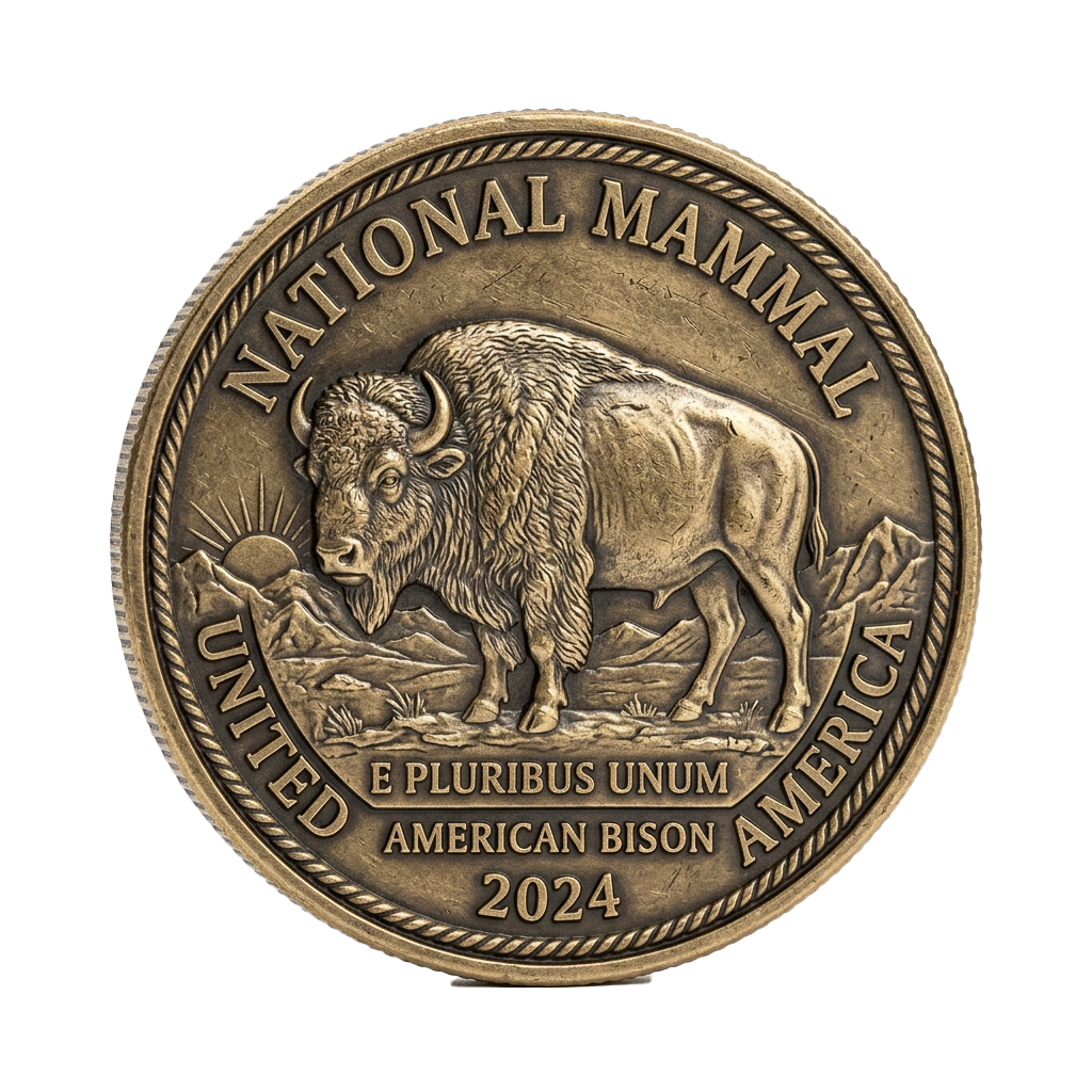 Gold-colored coin featuring an American bison standing on rocky terrain with a sunrise in the background.
