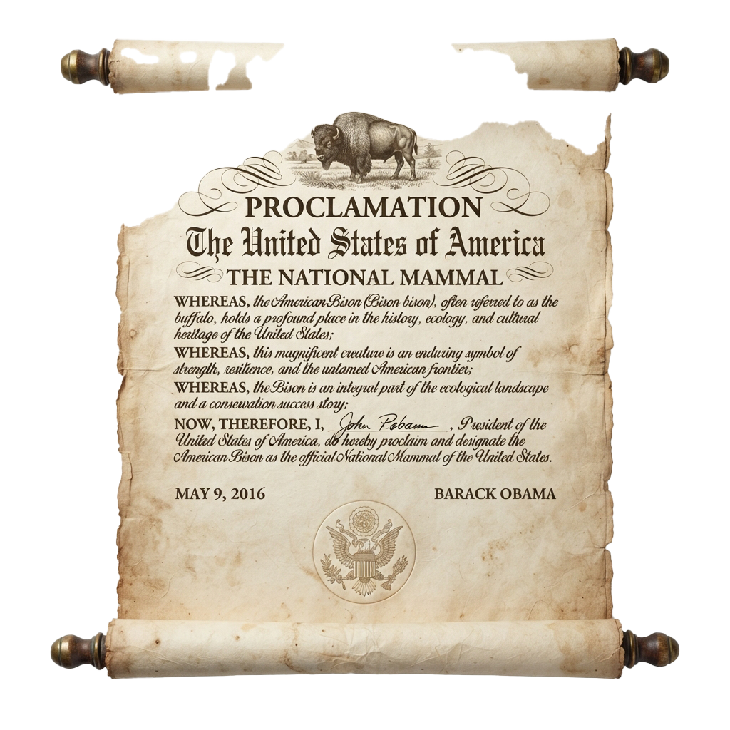 Vintage-style document proclaiming the American bison as the national mammal of the United States, dated May 9, 2016.