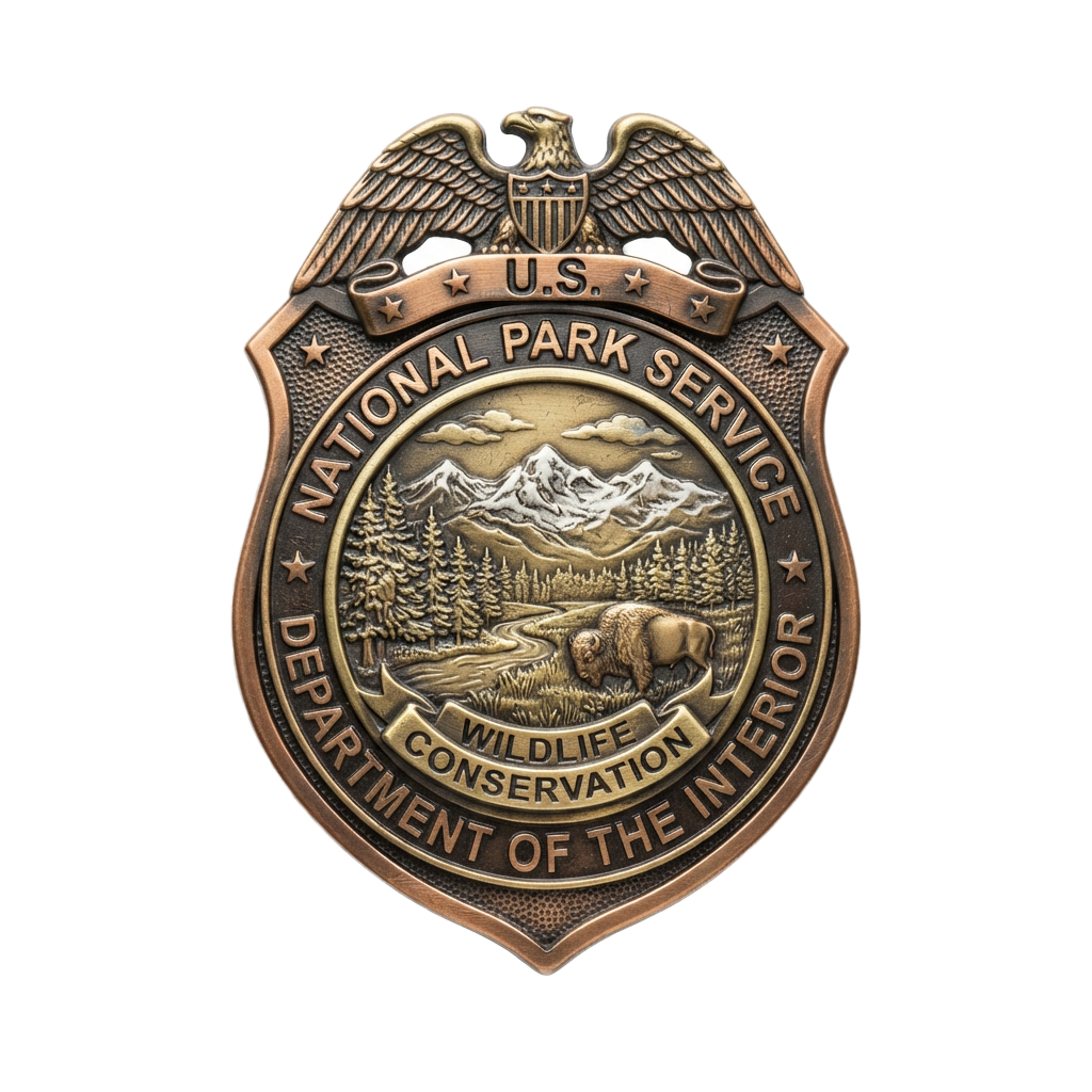 Official badge of the National Park Service featuring an eagle, mountains, and wildlife with text reading National Park Service and Wildlife Conservation Department of the Interior