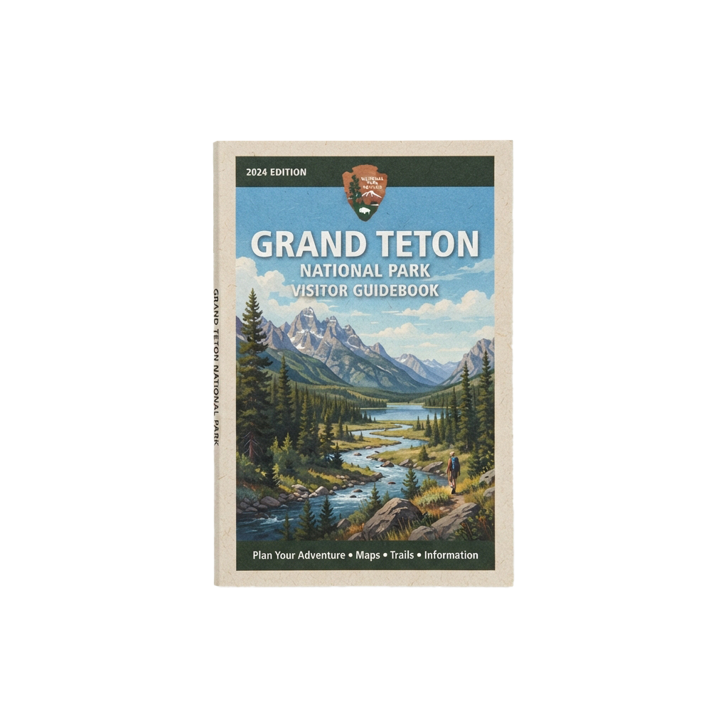 Cover of Grand Teton National Park visitor guidebook showing scenic mountain landscape with forest and lake