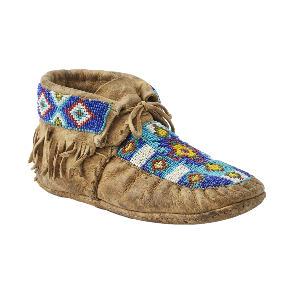 Handcrafted moccasin with colorful beaded floral patterns and fringe on the sides