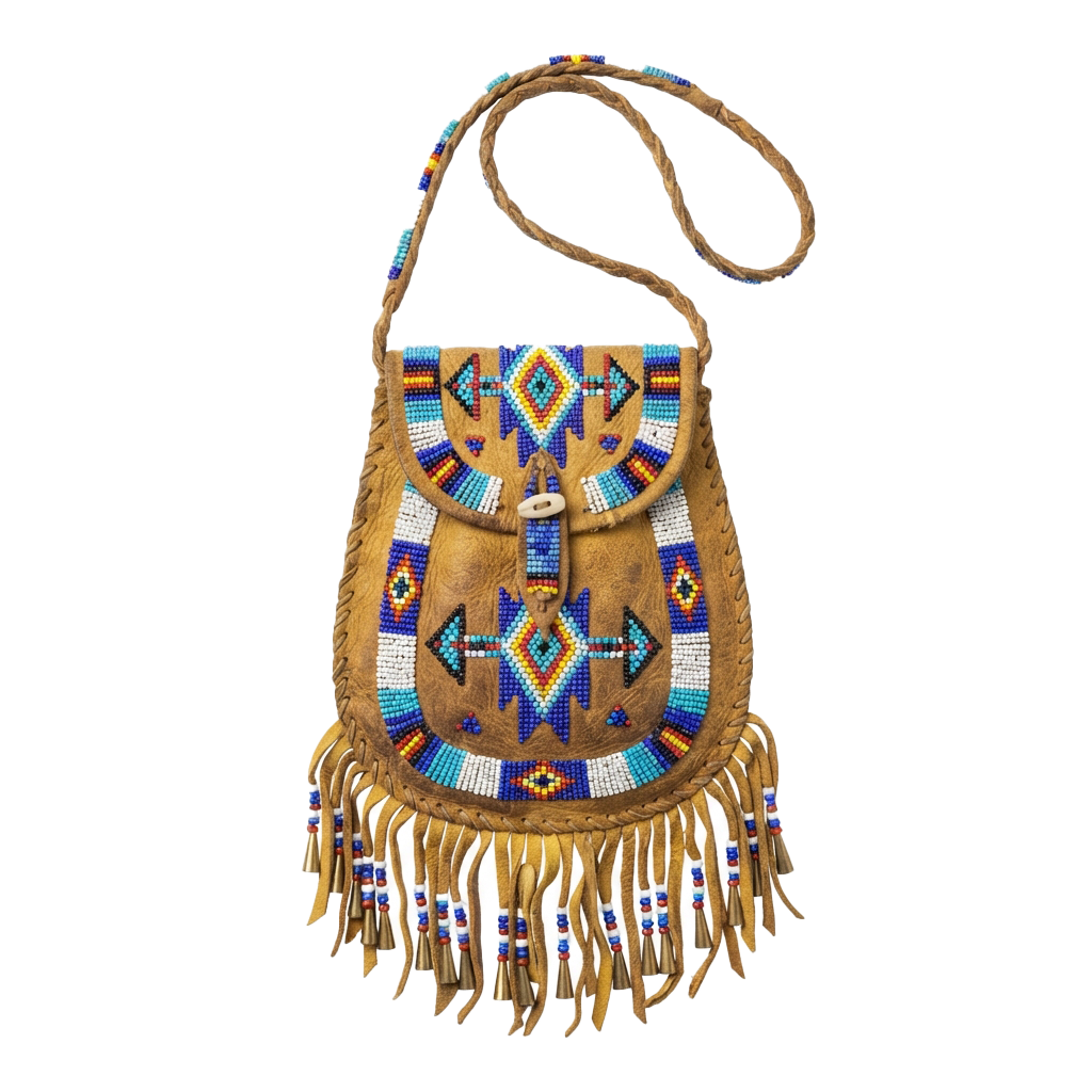 Handcrafted leather crossbody bag with colorful beaded fringe and geometric beadwork patterns
