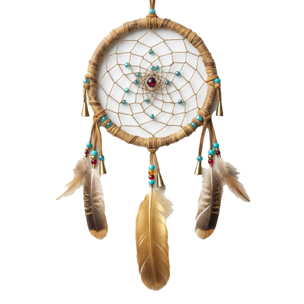 Dreamcatcher with white web, tan feathers, and turquoise beads hanging from brown leather hoops