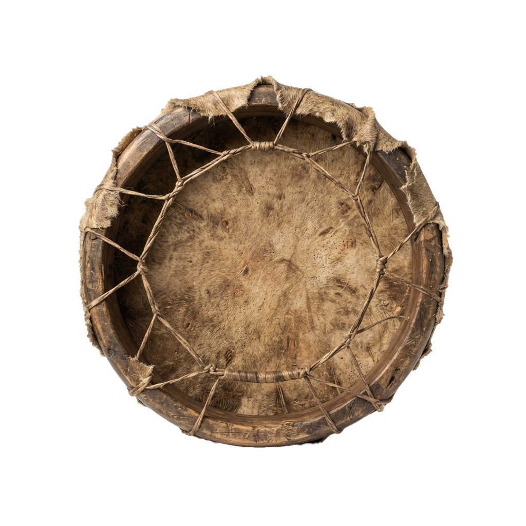 A round frame drum made with a wooden hoop and animal hide skin, tied with natural fibers