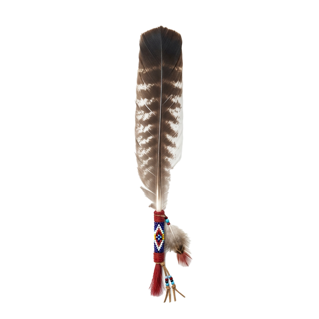 A single feather with colorful beaded tassels attached near the base.