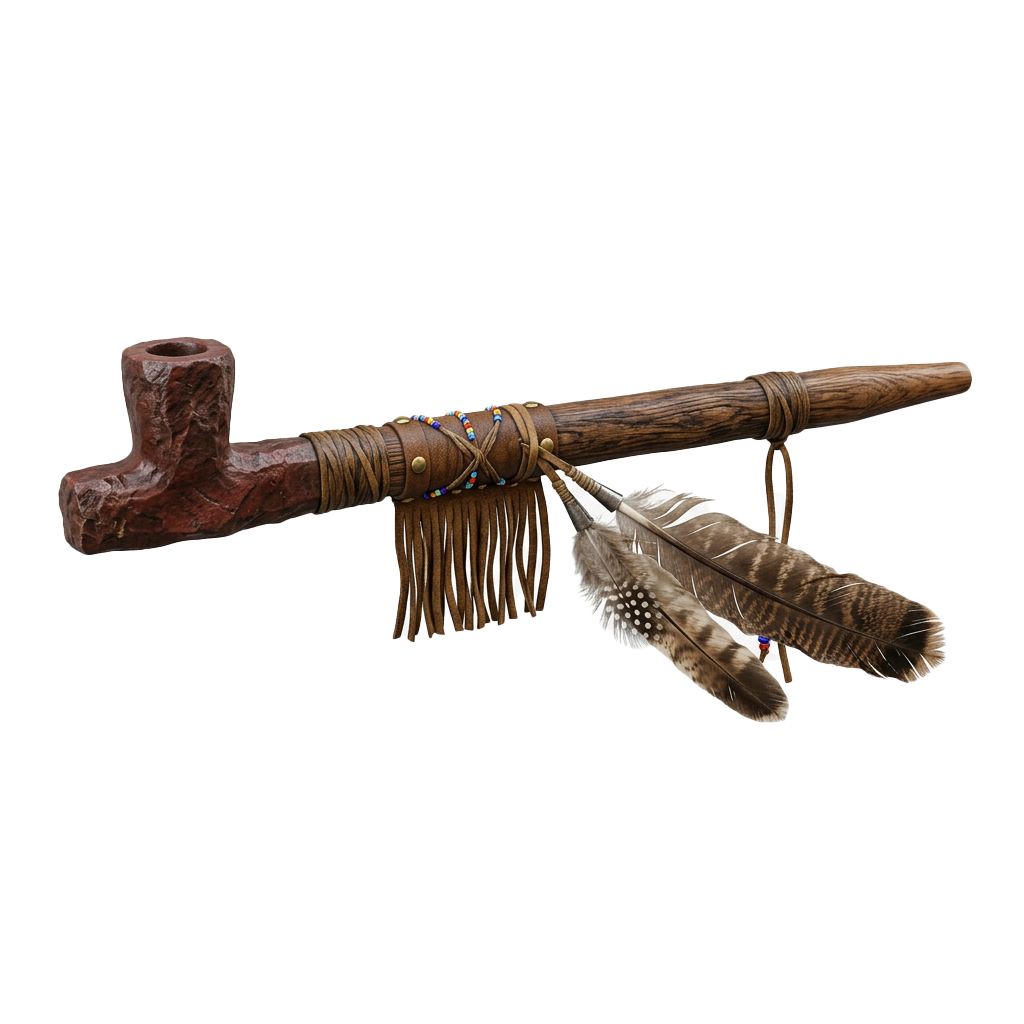 A wooden tomahawk with feathers and fringe attached to a staff