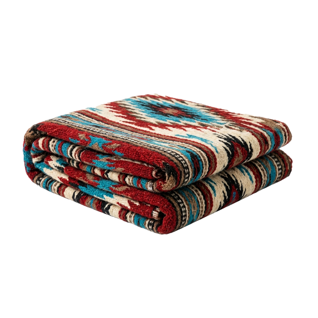Folded knitted throw with red, blue, white, and black geometric patterns