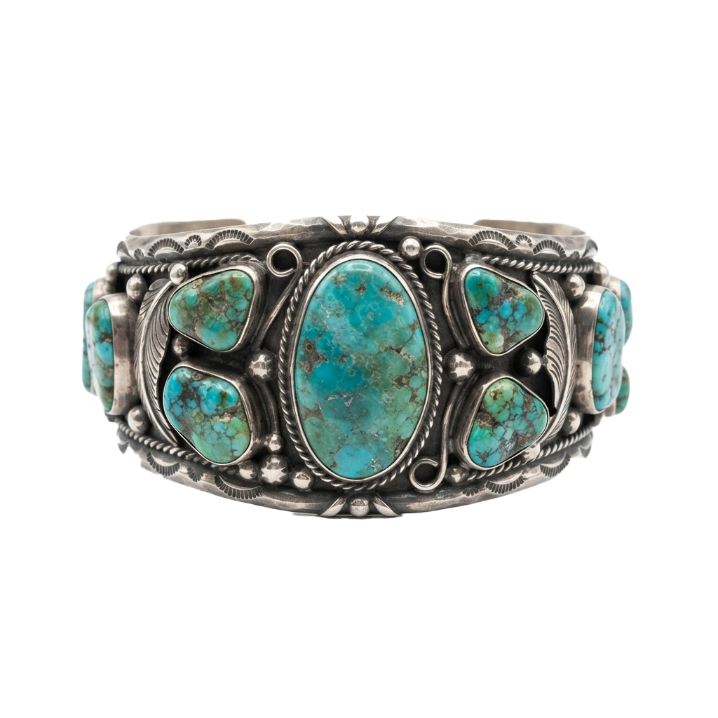 Sterling silver bracelet featuring turquoise stones in a geometric pattern with detailed metalwork.