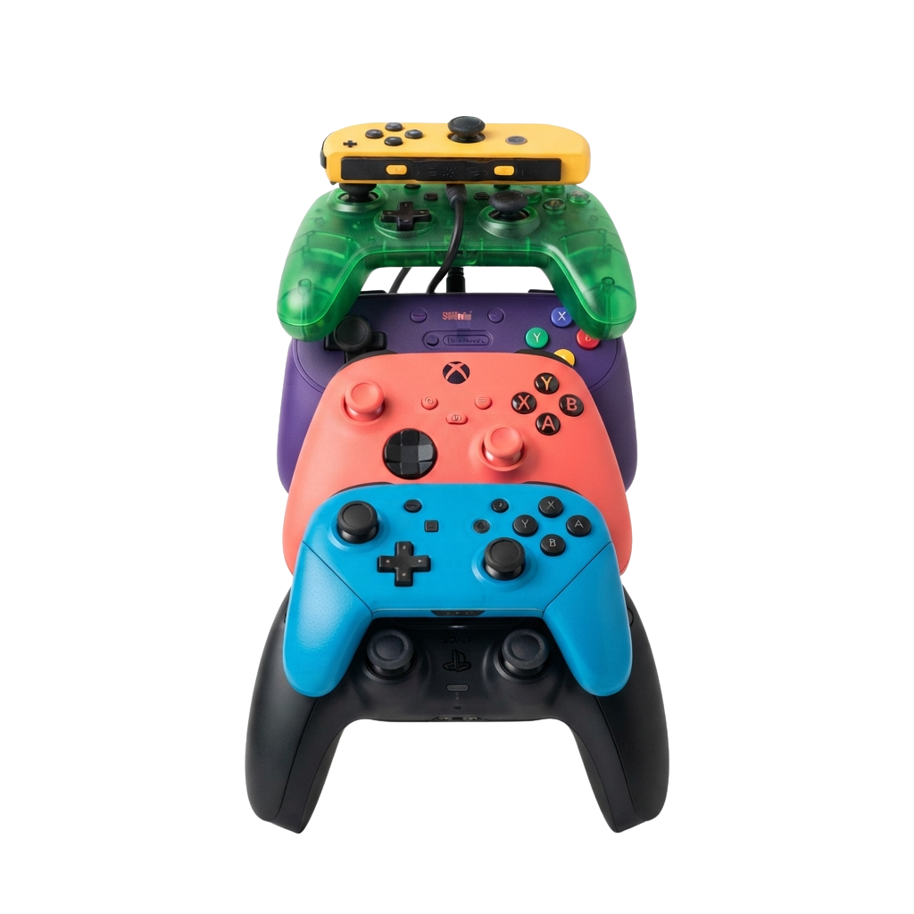 Stack of five colorful gaming controllers in yellow, green, purple, red, and blue arranged vertically