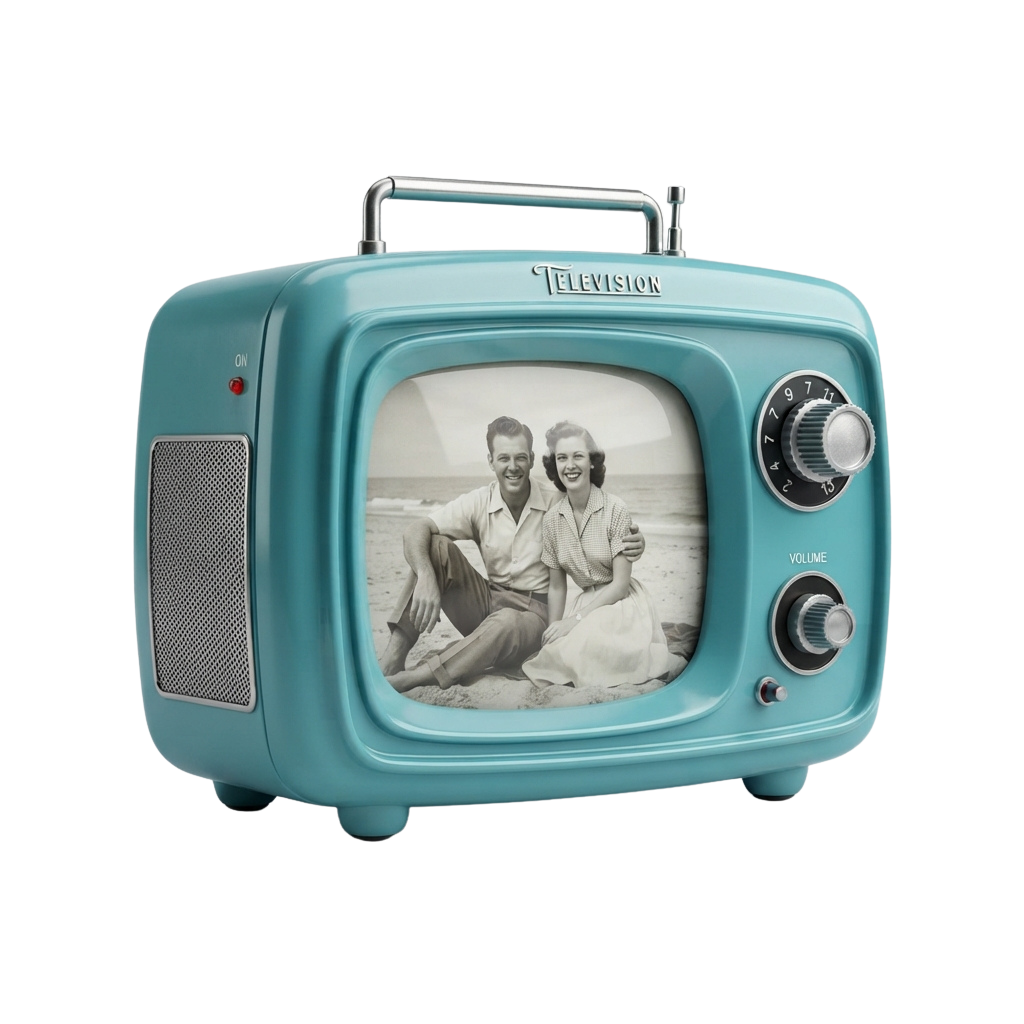 Vintage blue television displaying a black and white photo of a couple sitting on a beach