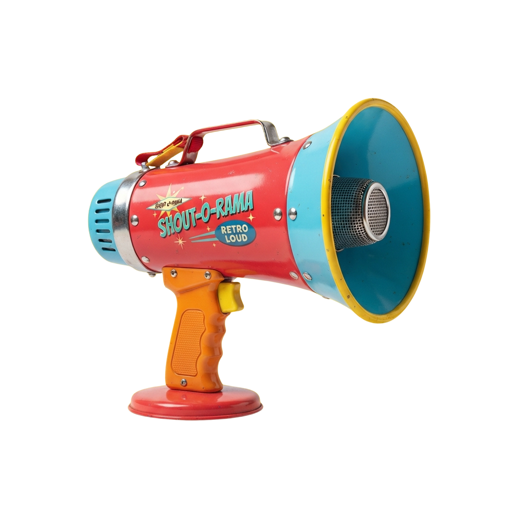 Colorful retro megaphone with orange handle, red body, and blue horn on black background
