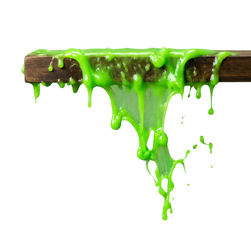 A wooden stick with thick green glossy paint dripping down and pooling at the bottom.