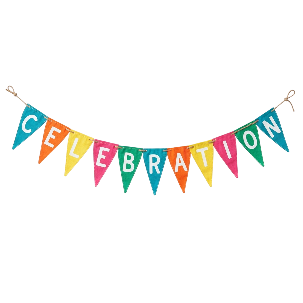 Colorful triangular pennant banner spelling out CELEBRATION with vibrant colors