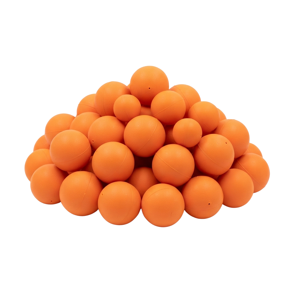 A group of bright orange foam balls arranged in a loose cluster