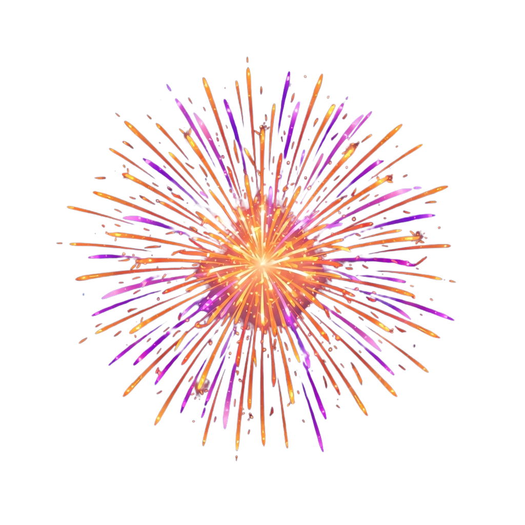 A bright fireworks display radiating outward in shades of purple, orange, and yellow against a dark background