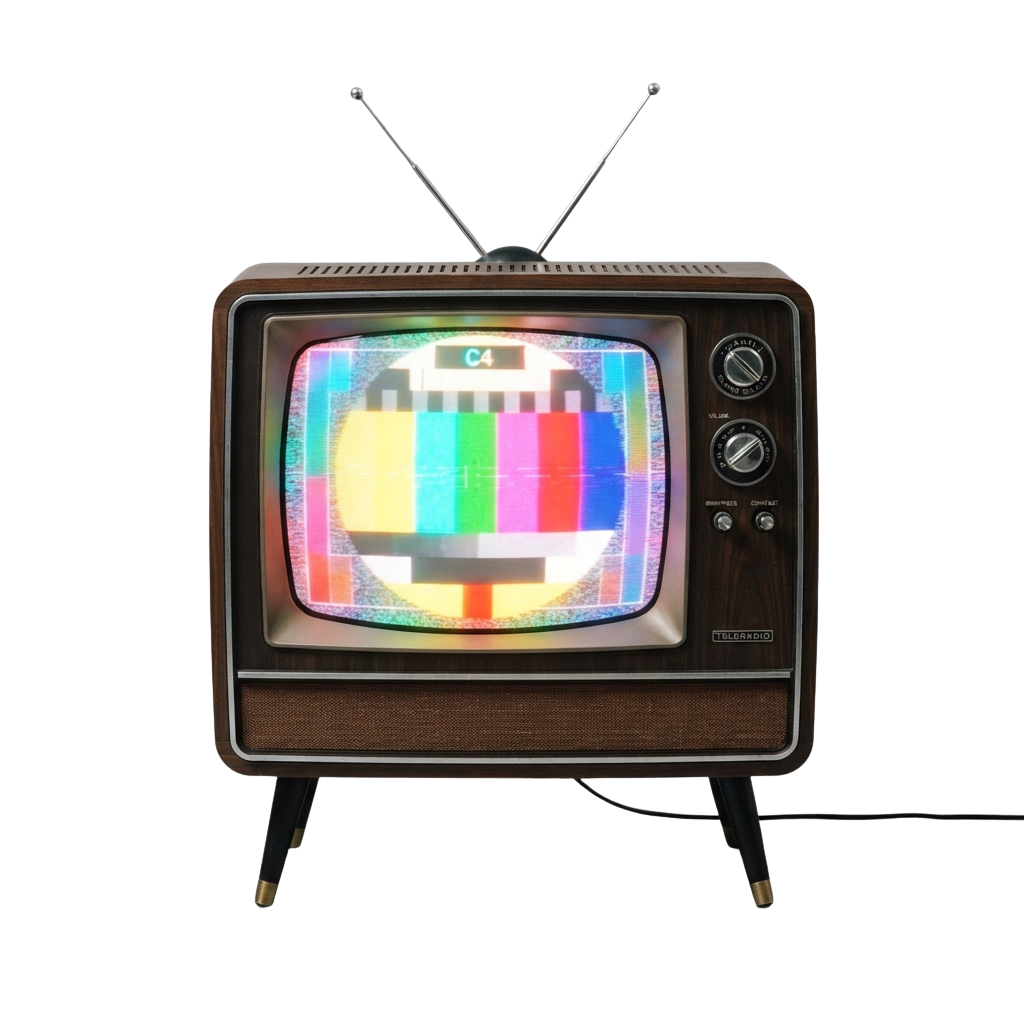 An old-fashioned CRT television displaying a multicolored test pattern with knobs and antenna on top