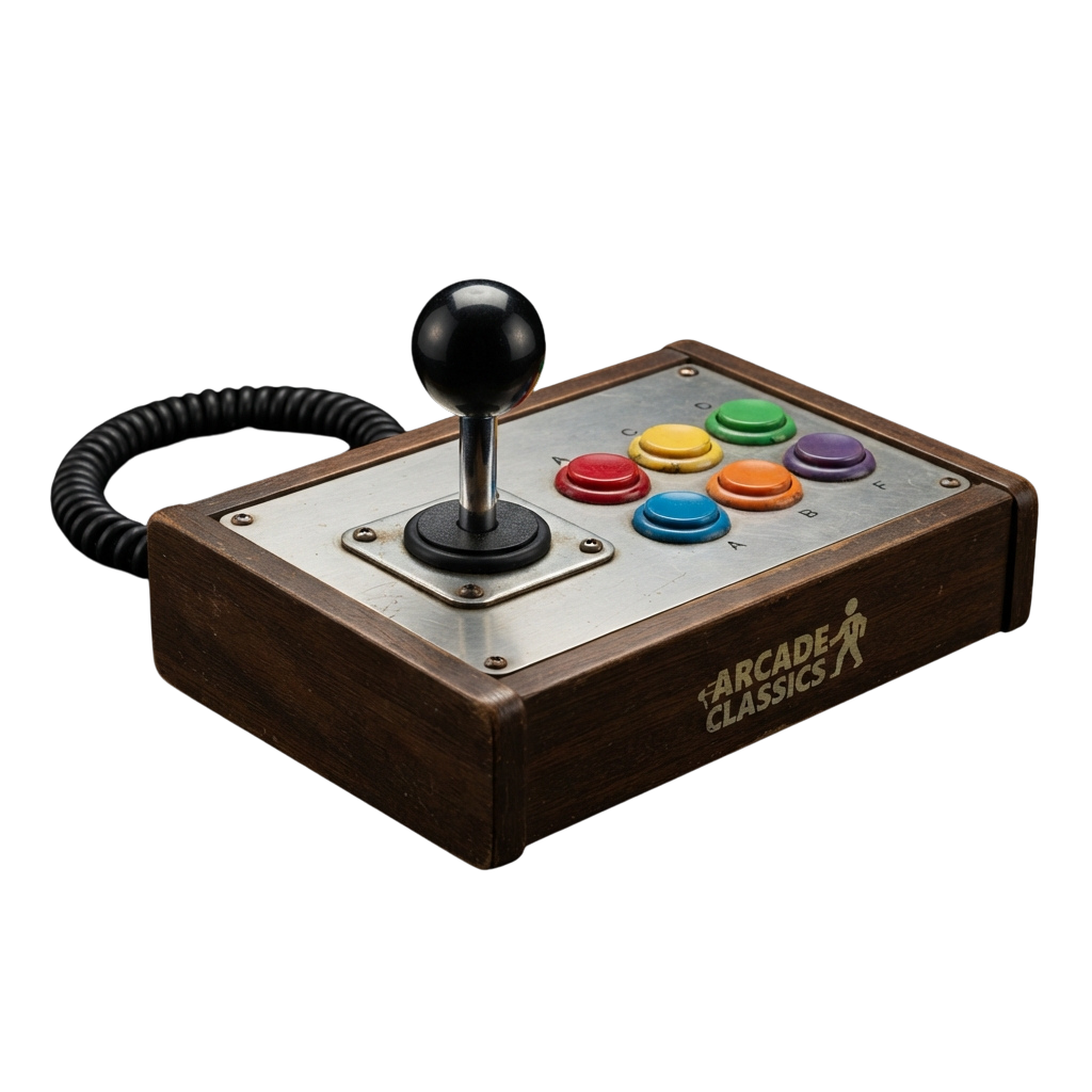 A retro arcade joystick controller with a joystick, four action buttons, and a wooden base labeled Arcade Classics