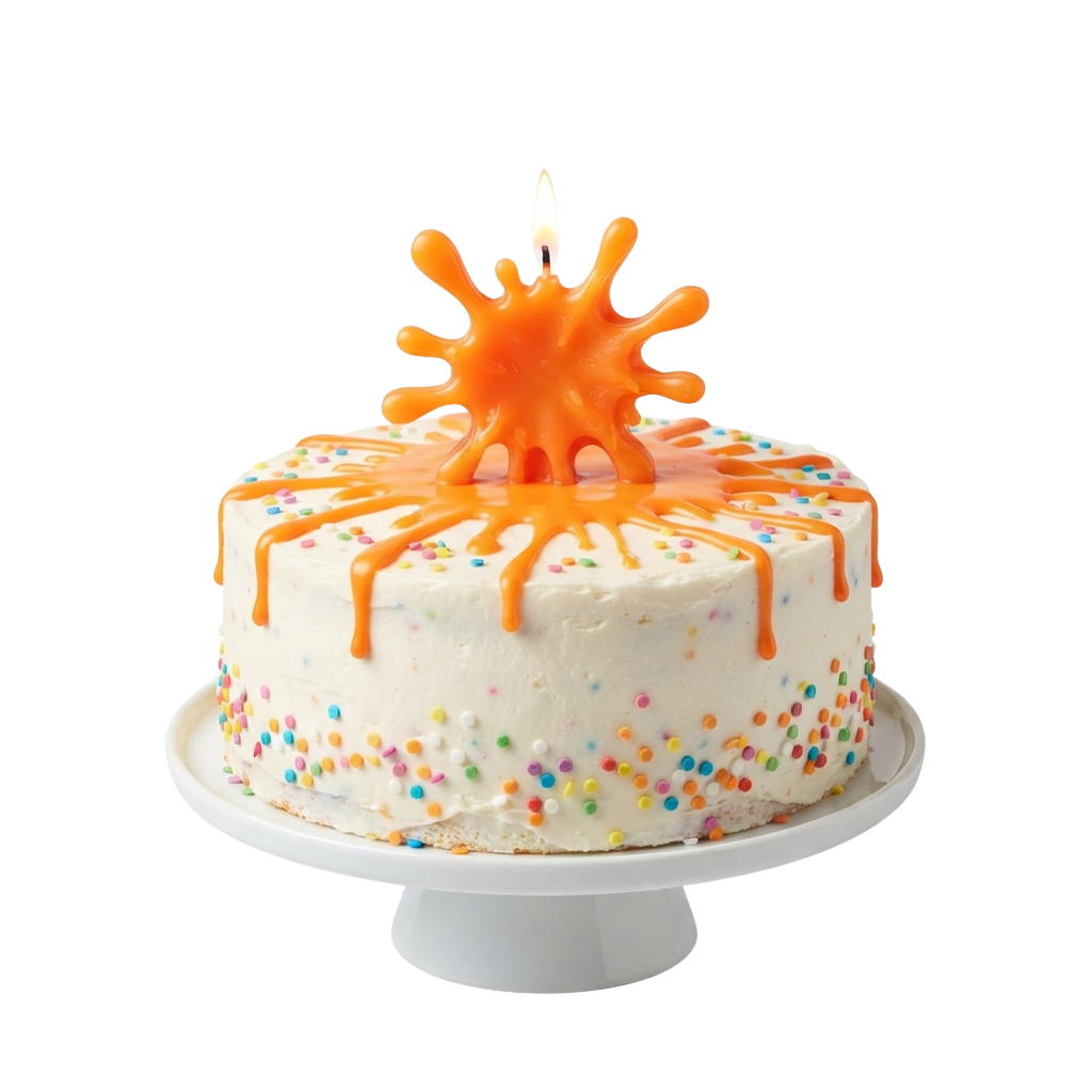 Round cake with white frosting, colorful sprinkles, orange drizzle, and an orange starburst candle topper