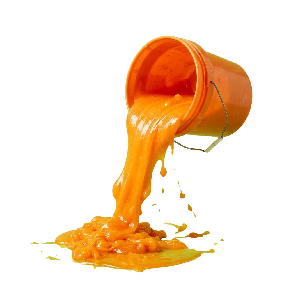 Orange paint flowing from an upside-down bucket forming a thick drip on a black background