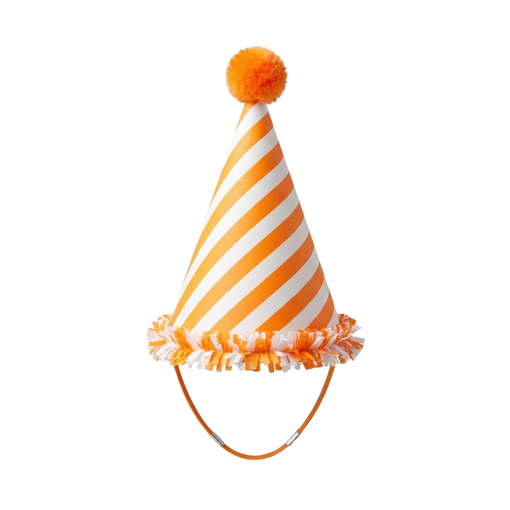 A festive party hat with orange and white diagonal stripes, orange trim, and a bright orange pom pom on top