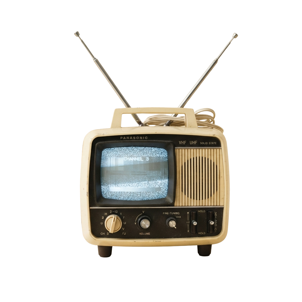Old-fashioned beige CRT television showing static with two rabbit-ear antennas